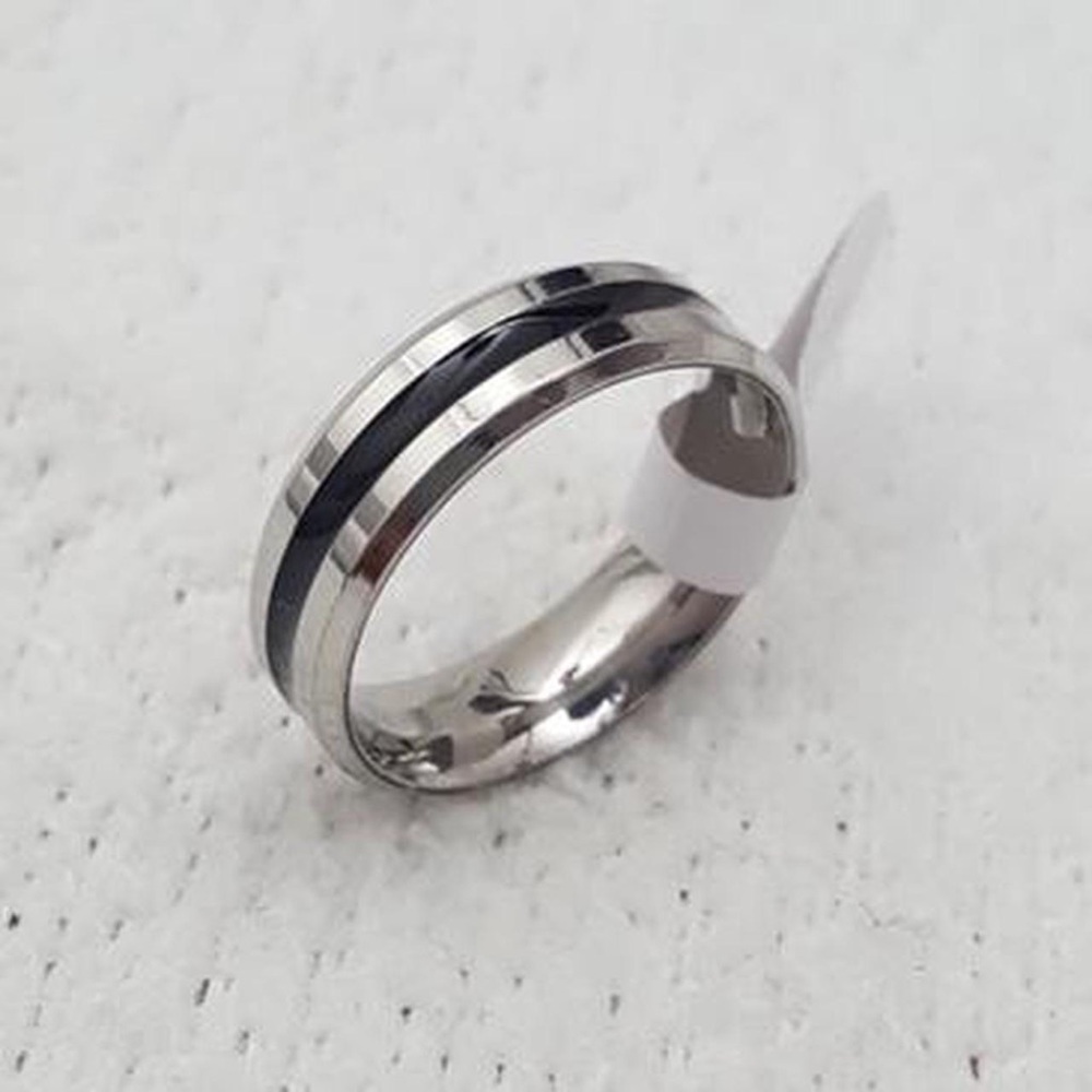 Silver Stainless Steel Black Enamel Band Ring For Men Women Ring Size - 7